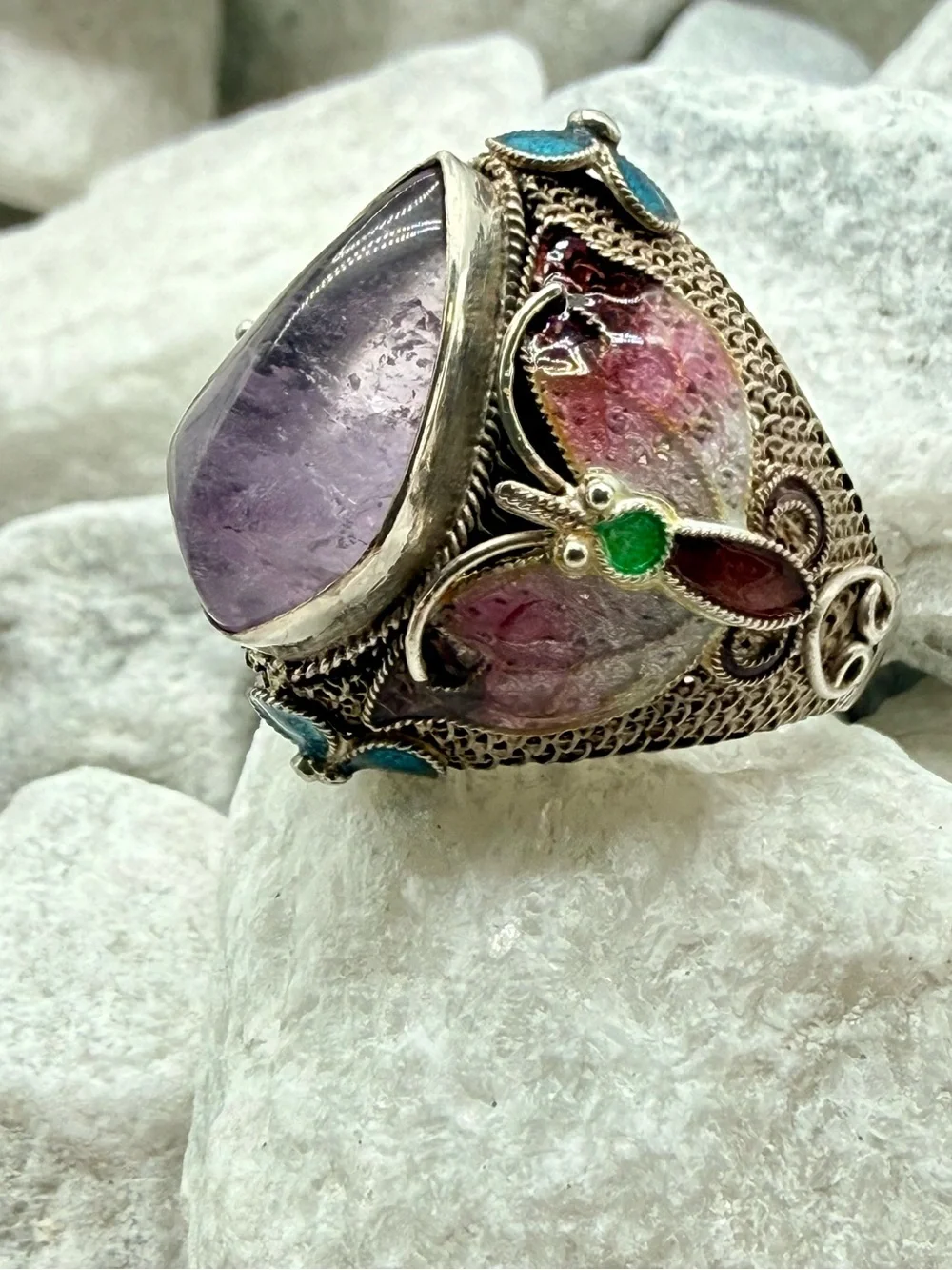Vintage Chinese Export Sterling Silver Amethyst Enamel Butterfly Ring Size 7 10g